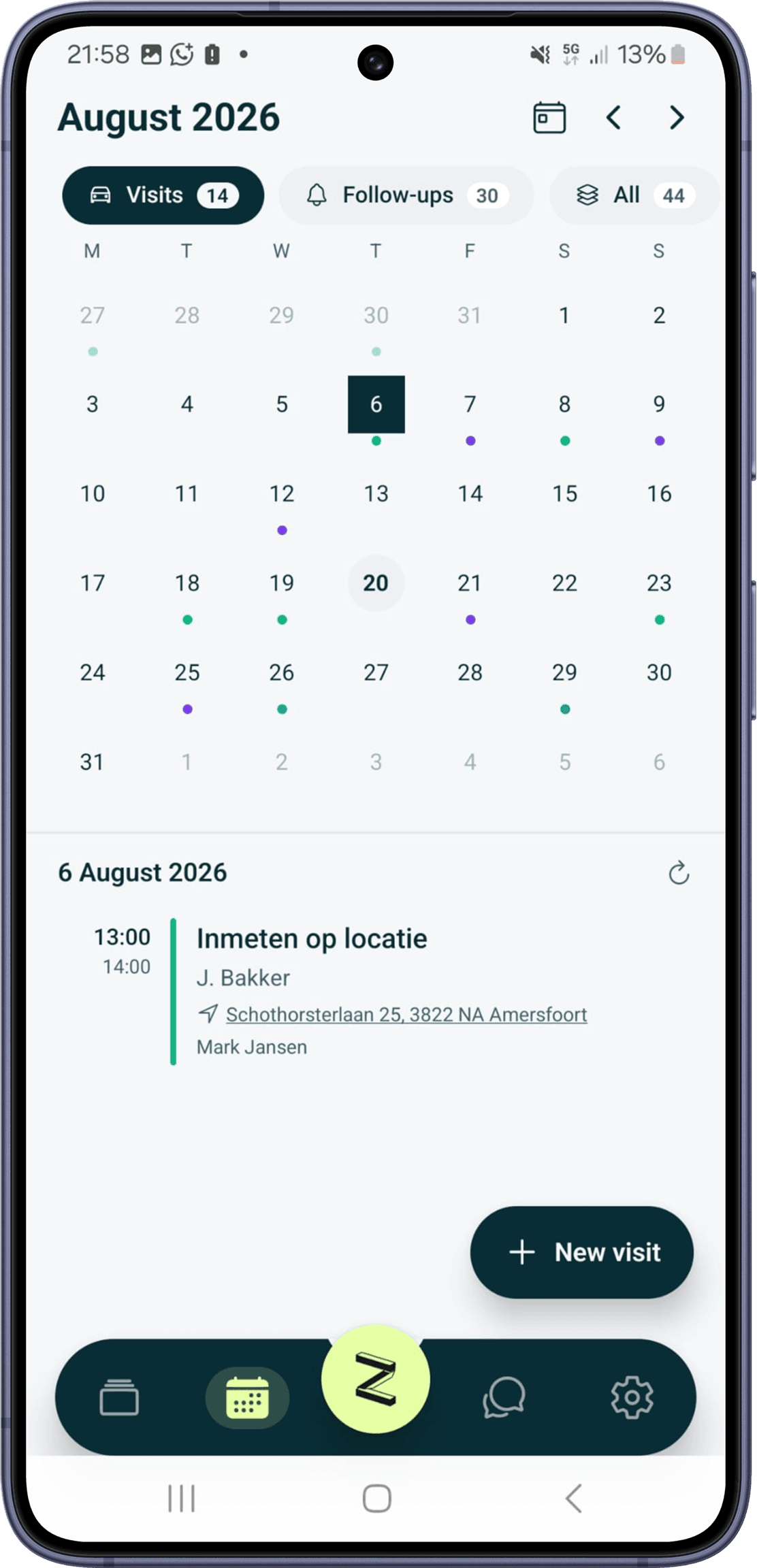 Die Zinevu-App mit dem Planungskalender mit Aufmaßterminen und Nachfassaktionen für den Monat