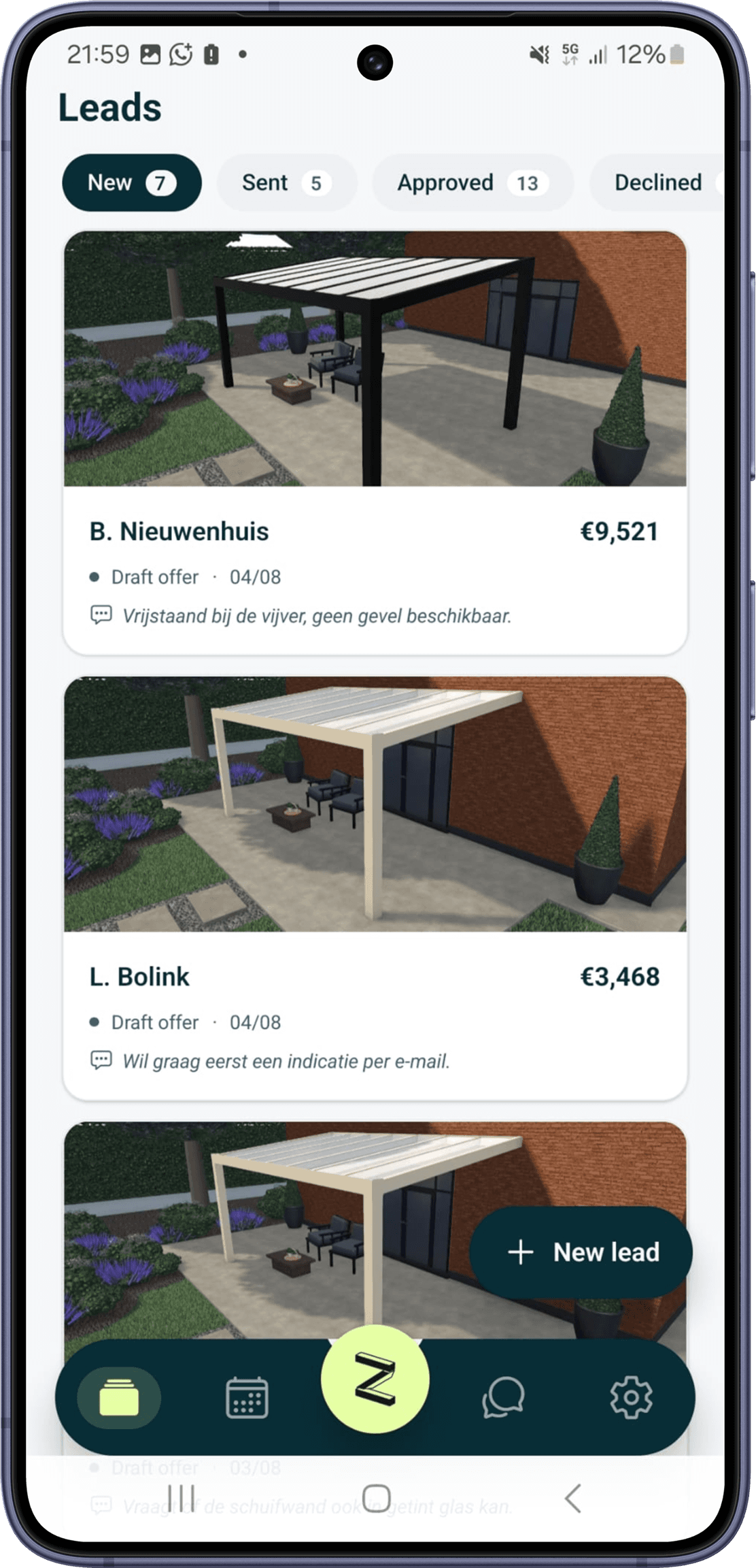 Die Zinevu-App mit der Lead-Liste, 3D-Veranda-Vorschauen und Angebotssummen